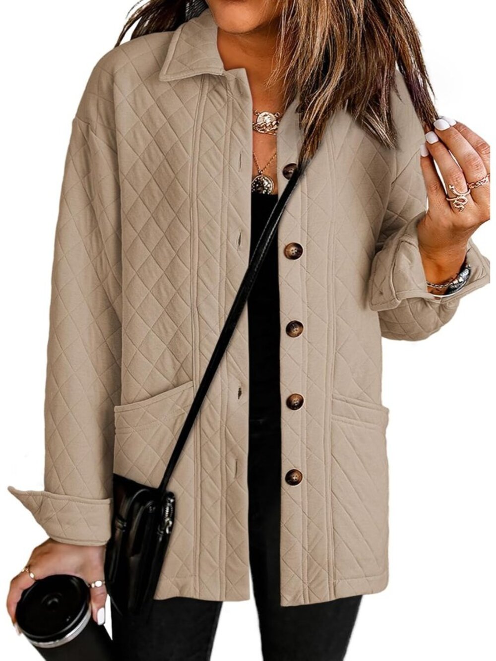 〽️Women's Smoke Gray Quilted Lightweight Button Down Collared Pocket Sleeve Coat